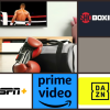 Banner showcasing logos of major boxing streaming services including Showtime, Amazon Prime, DAZN, and ESPN+, arranged side by side against a themed backdrop, highlighting the options for boxing enthusiasts.
