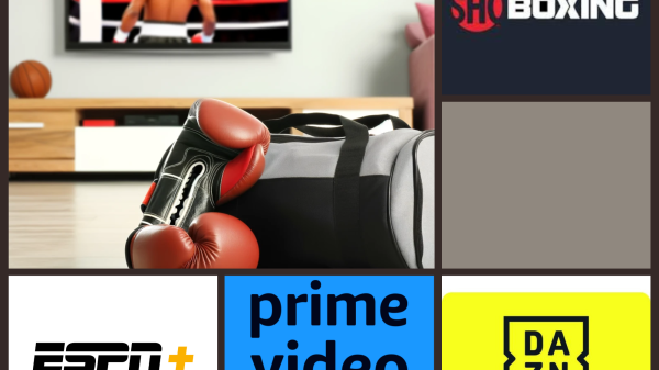 Banner showcasing logos of major boxing streaming services including Showtime, Amazon Prime, DAZN, and ESPN+, arranged side by side against a themed backdrop, highlighting the options for boxing enthusiasts.