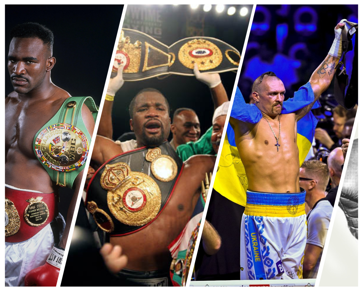Banner featuring legendary cruiserweights: Evander Holyfield in a victorious pose, Oleksandr Usyk showcasing his championship belt, and O'Neil Bell ready for action, celebrating the prowess of cruiserweight champions.
