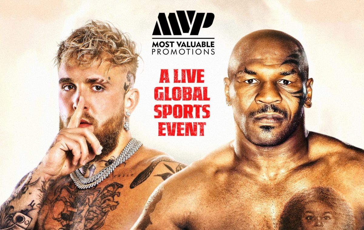 Fight card banner featuring Jake Paul on the left, making a shush gesture with his finger to his lips, and Mike Tyson on the right, displaying his signature intense stare, set against the backdrop of the event details for their upcoming boxing match.