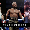 Banner displaying welterweight icons, with Floyd Mayweather in his victory pose, Sugar Ray Leonard celebrating after the famous 'No Más' fight, and a dynamic moment where Errol Spence is taking a punch from Terence Crawford, capturing the intensity and legacy of the welterweight class.