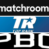 Promotional banner showcasing the powerhouse rivalry in boxing: Matchroom Boxing, Top Rank, and Premier Boxing Champions (PBC), each represented by their logos and top fighters, set against a backdrop that highlights the competitive spirit of the sport.