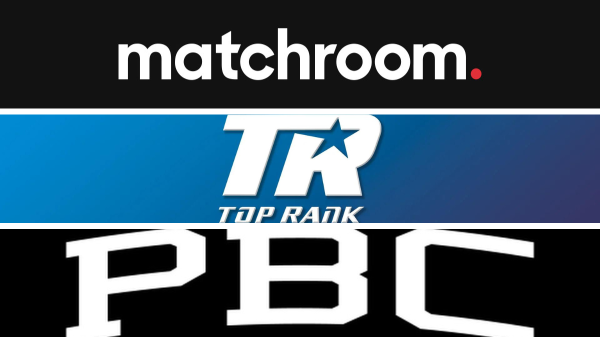 Promotional banner showcasing the powerhouse rivalry in boxing: Matchroom Boxing, Top Rank, and Premier Boxing Champions (PBC), each represented by their logos and top fighters, set against a backdrop that highlights the competitive spirit of the sport.
