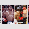 Banner capturing epic heavyweight moments: Muhammad Ali masterfully evading a punch from Joe Frazier, Mike Tyson in the infamous moment biting Evander Holyfield, Klitschko and Lewis entangled in a fierce exchange, and Deontay Wilder collapsing under the force of Tyson Fury's blow.