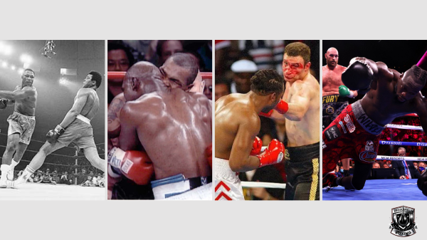 Banner capturing epic heavyweight moments: Muhammad Ali masterfully evading a punch from Joe Frazier, Mike Tyson in the infamous moment biting Evander Holyfield, Klitschko and Lewis entangled in a fierce exchange, and Deontay Wilder collapsing under the force of Tyson Fury's blow.