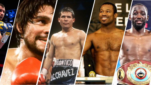 Banner highlighting legendary lightweights, featuring Vasyl Lomachenko in action, Roberto Duran's iconic stance, Julio Cesar Chavez eying his opponent, Shane Mosley poised to strike, and Terence Crawford showcasing his fighting prowess, celebrating the depth and talent of the lightweight division.