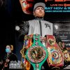 Canelo Álvarez proudly holding up his collection of championship belts, showcasing his dominance in boxing across multiple sanctioning bodies