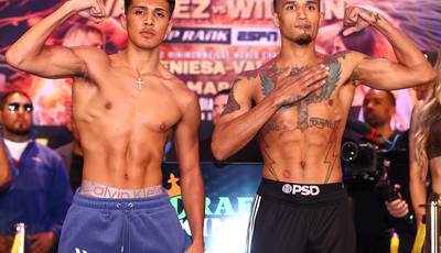 Emiliano Vargas and Nelson Hampton at weigh in