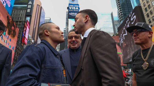 Isaac Cruz and Jose Valenzuela stare down at times square